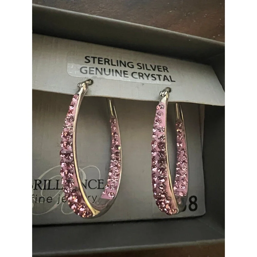 Sterling Silver Pink crystal hoop earrings new